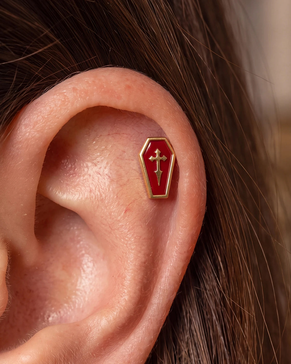Crimson Crypt Coffin flatback stud, gold tone with red panel and raised cross, image 2
