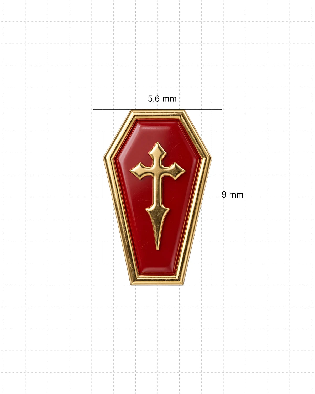 Crimson Crypt Coffin flatback stud, gold tone with red panel and raised cross, image 3