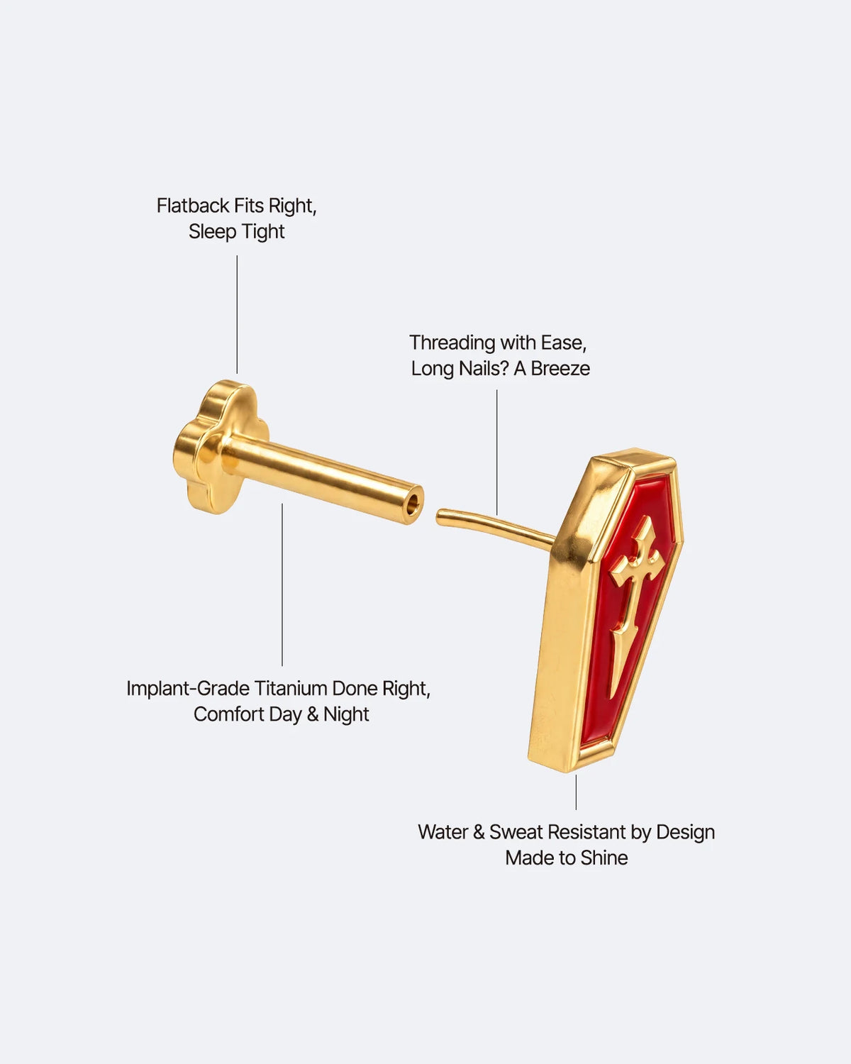 Crimson Crypt Coffin flatback stud, gold tone with red panel and raised cross, image 4