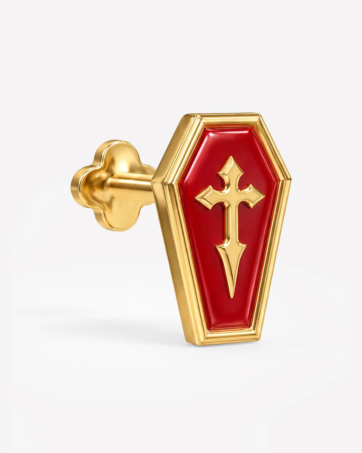 Crimson Crypt Coffin flatback stud, gold tone with red panel and raised cross, image 5