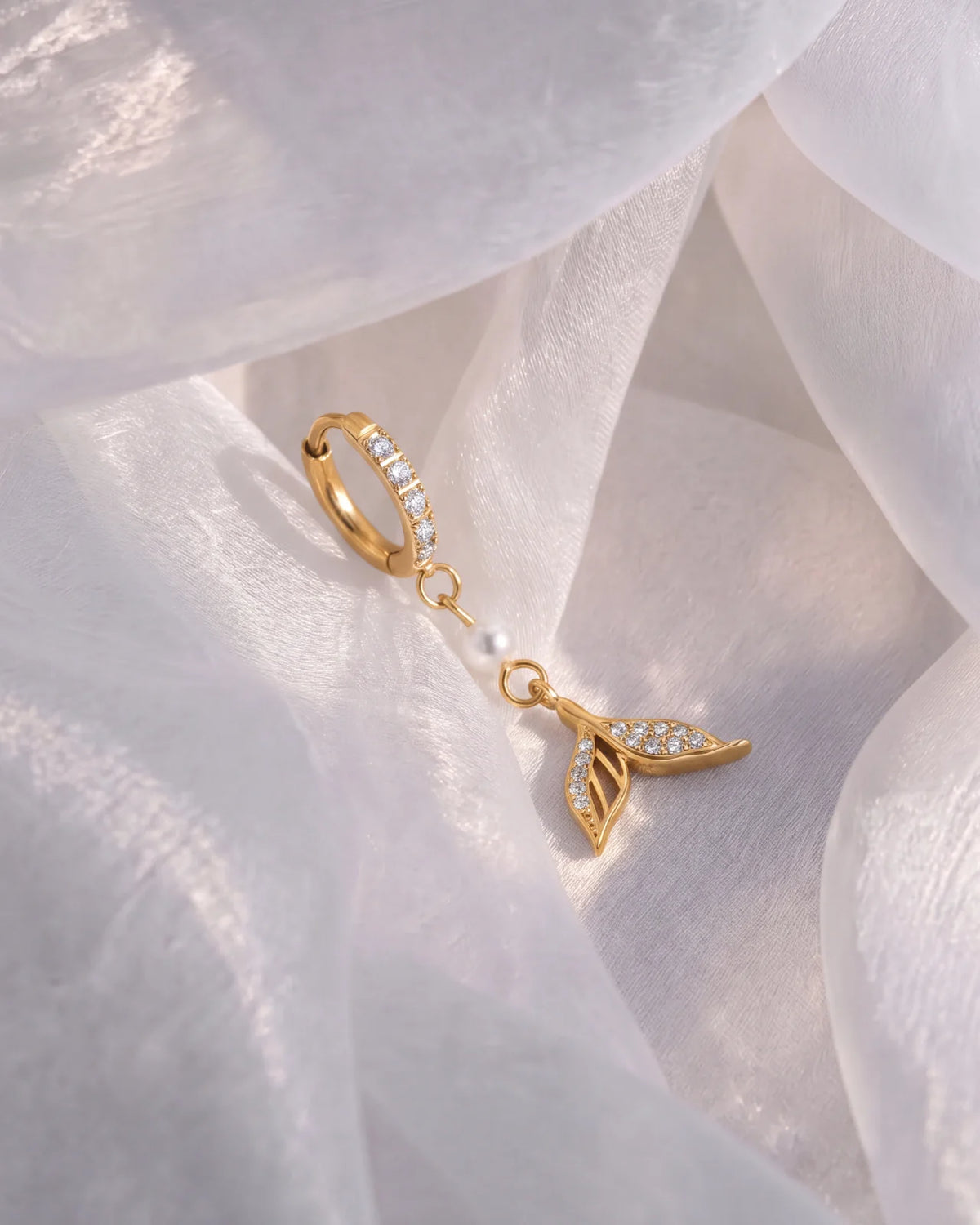 Mermaid Glow Drop Earrings Gold Crystal Clear styled scene