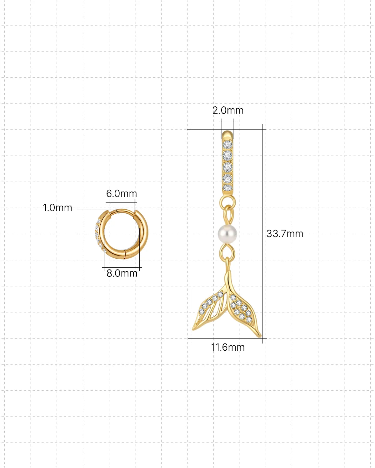Mermaid Glow Drop Earrings Gold Crystal Clear size guide