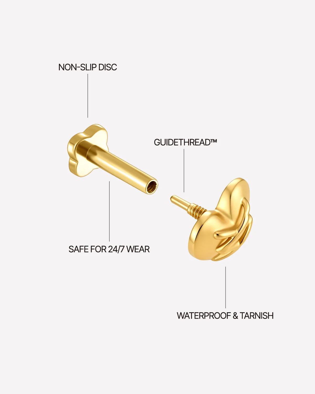 Heart Remix Flatback Stud in gold tone, threaded attachment details