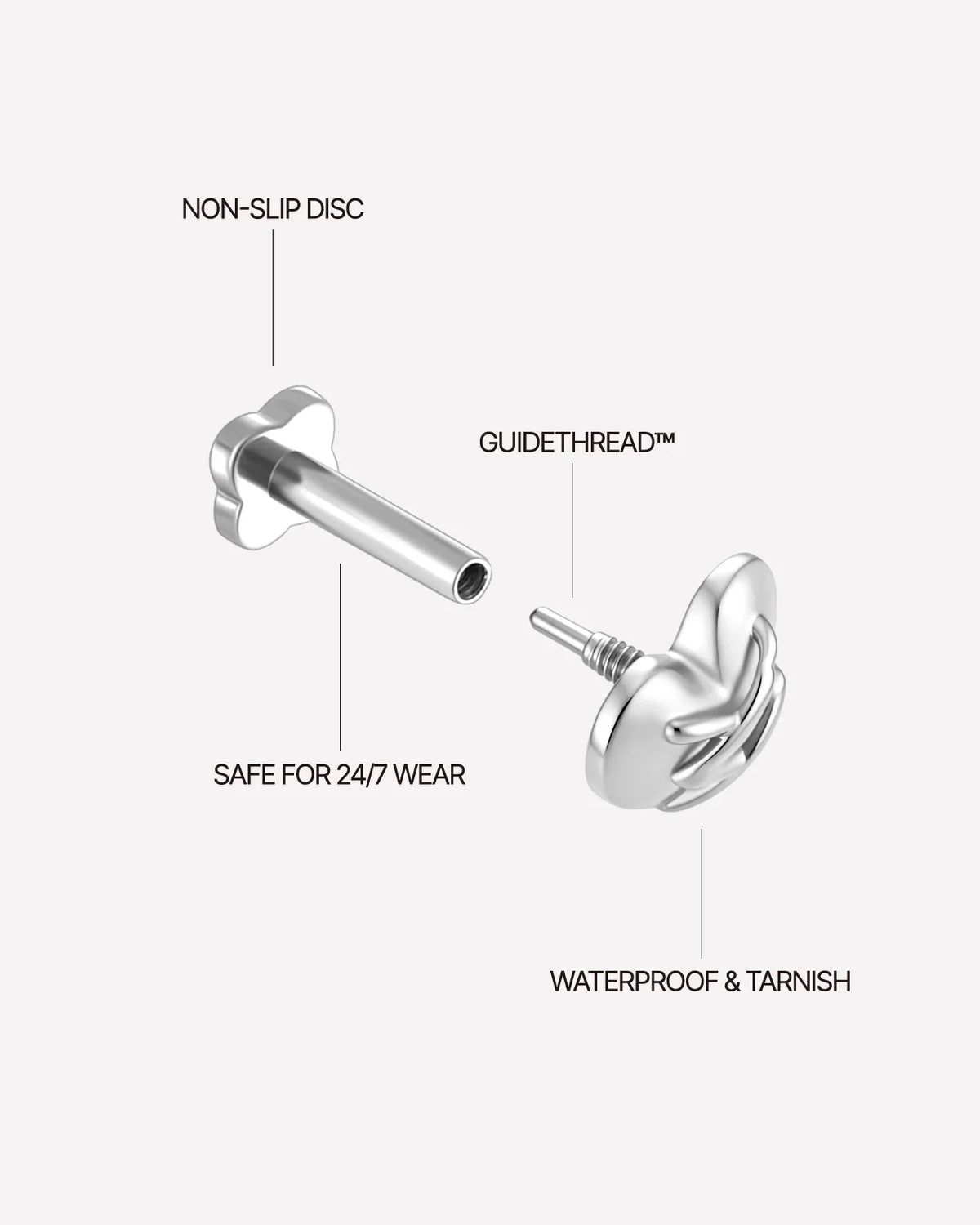 Heart Remix Flatback Stud in silver tone, threaded attachment details