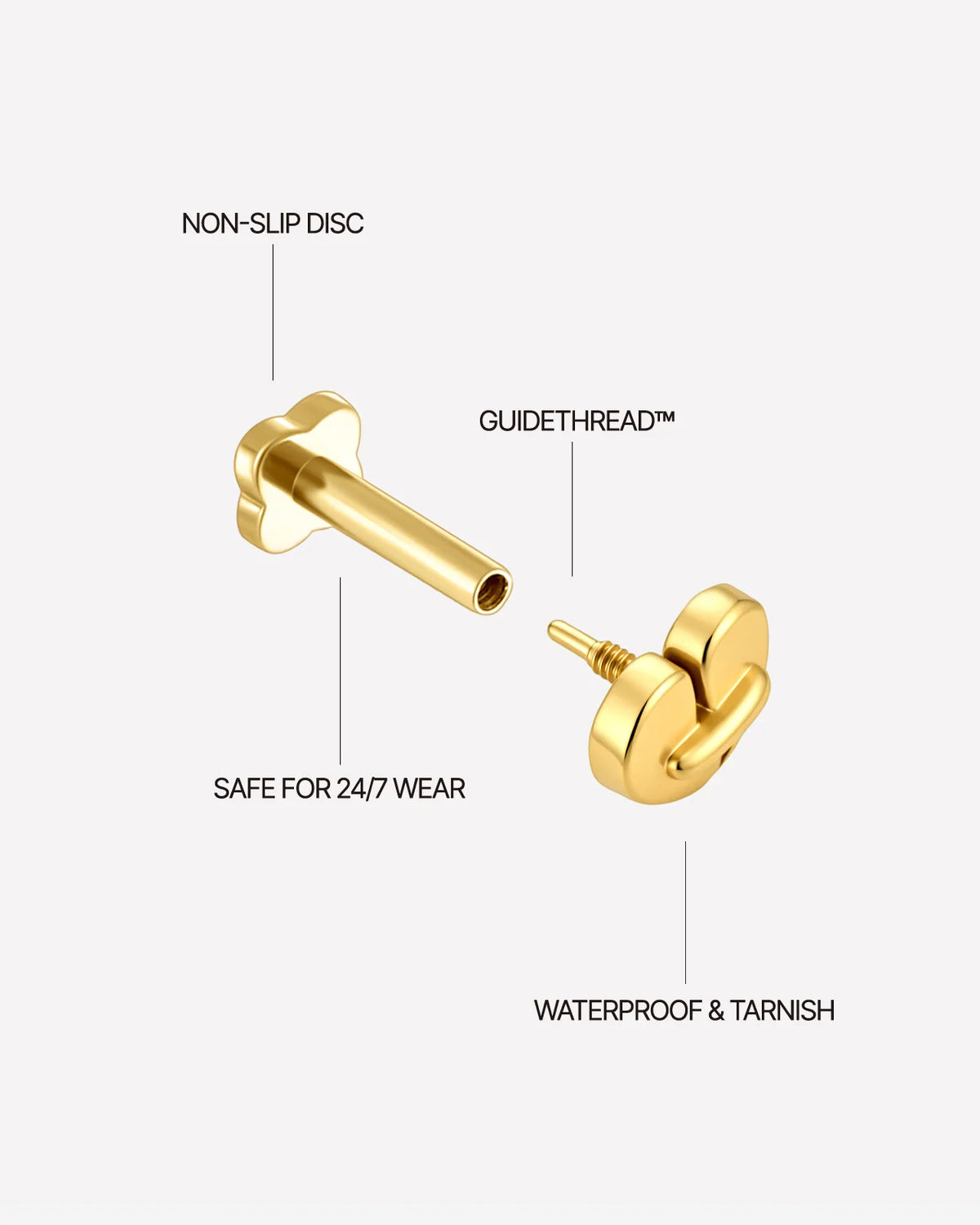 Heart Restart Flatback Stud in gold tone, threaded attachment details