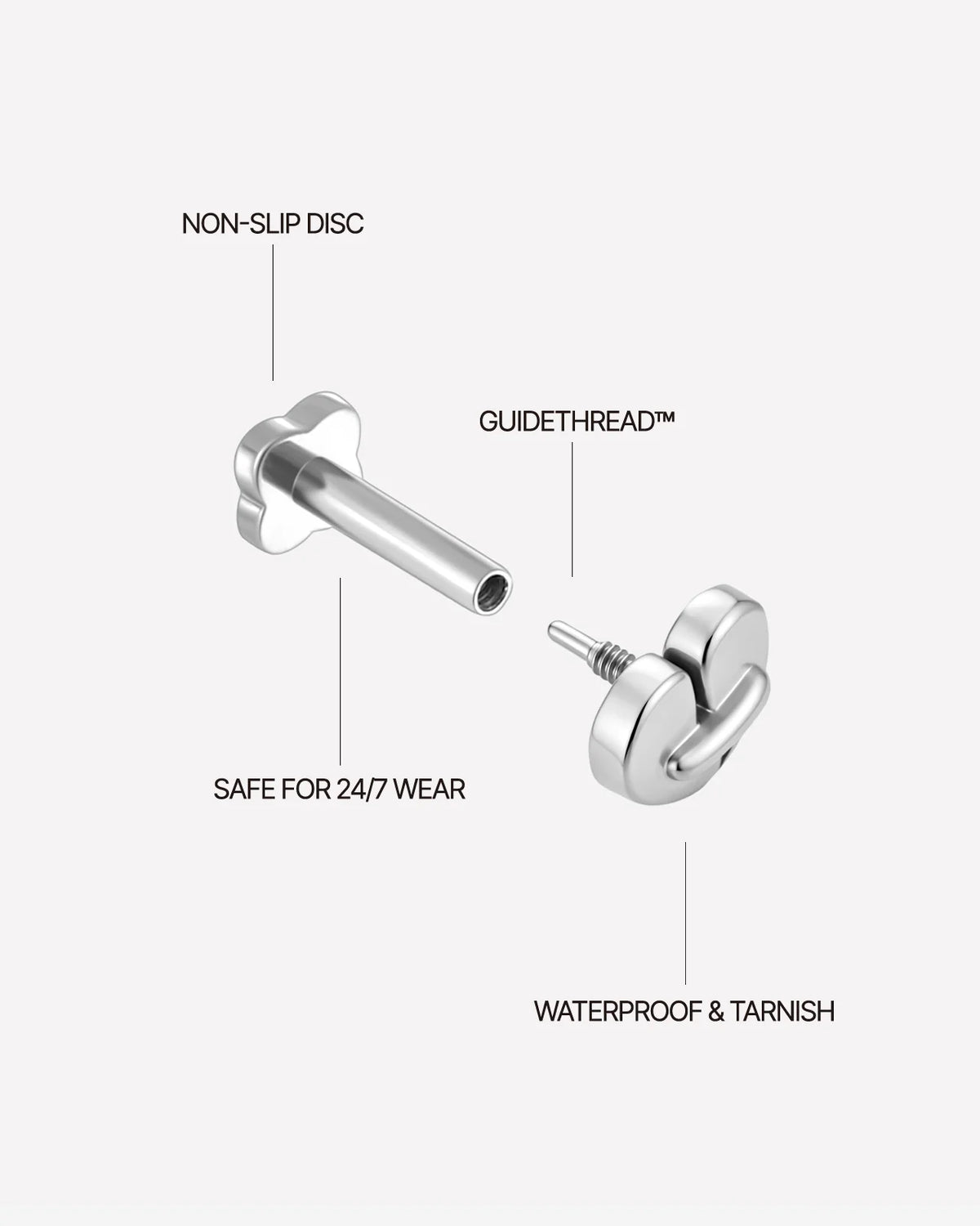 Heart Restart Flatback Stud in silver tone, threaded attachment details