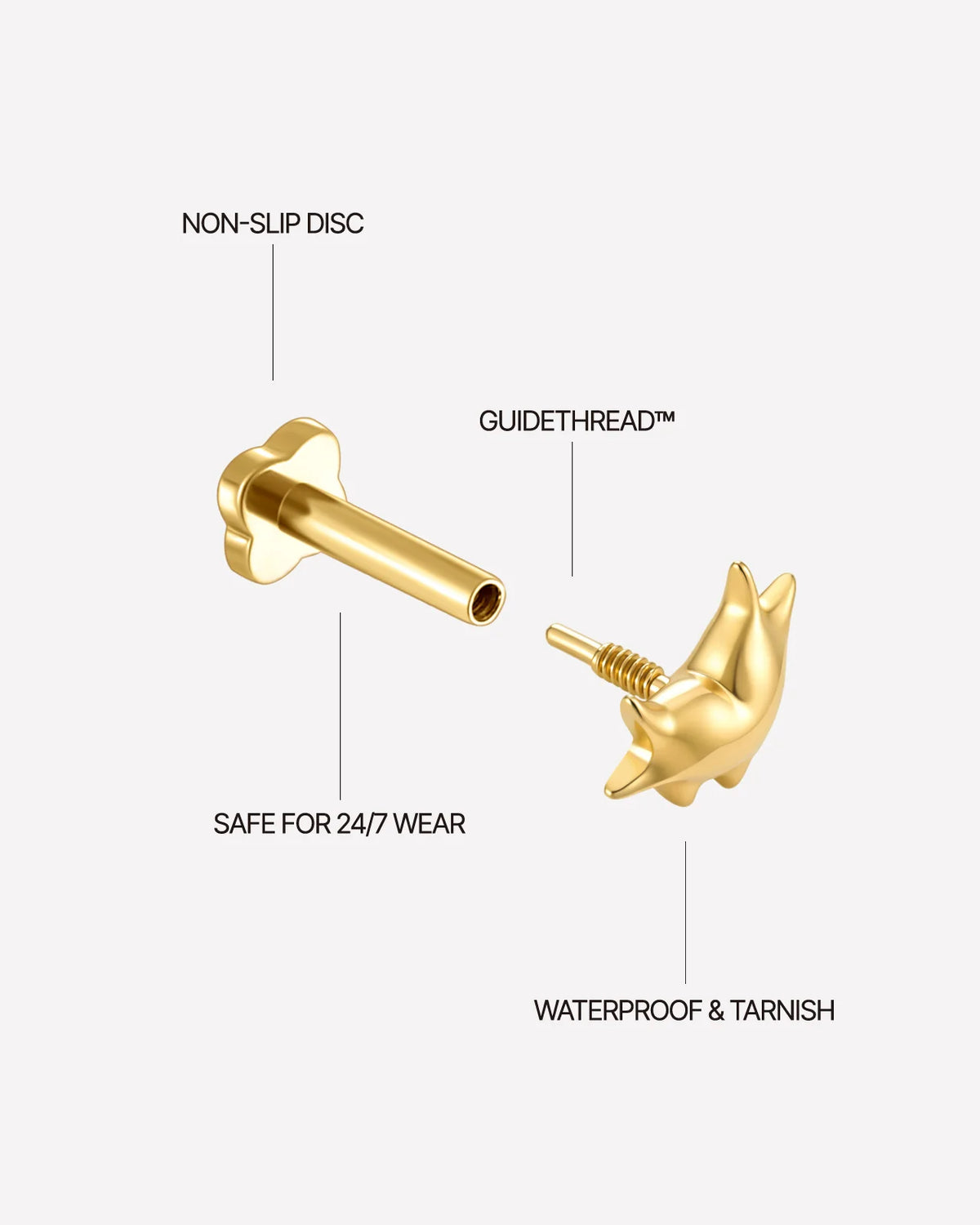 Heart Spark Flatback Stud in gold tone, threaded attachment details