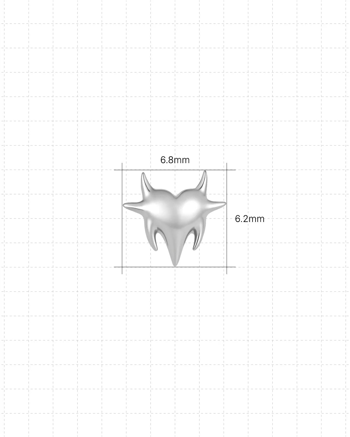 Heart Spark Flatback Stud in silver tone, size chart