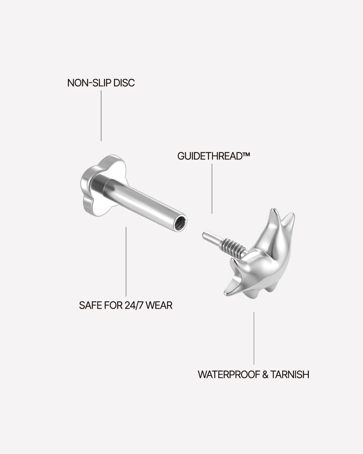 Heart Spark Flatback Stud in silver tone, threaded attachment details