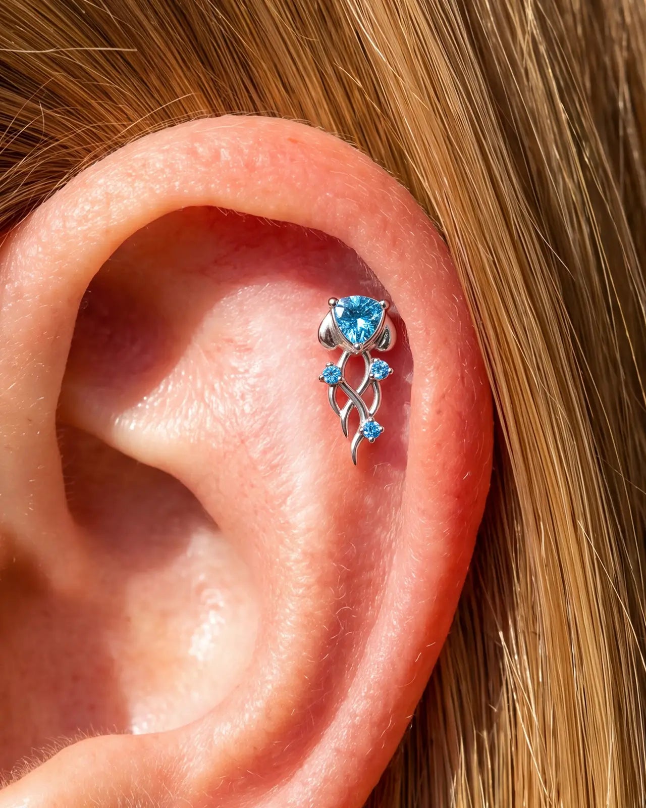 Moonlit Jellyfish silver ocean mist flatback stud worn on helix