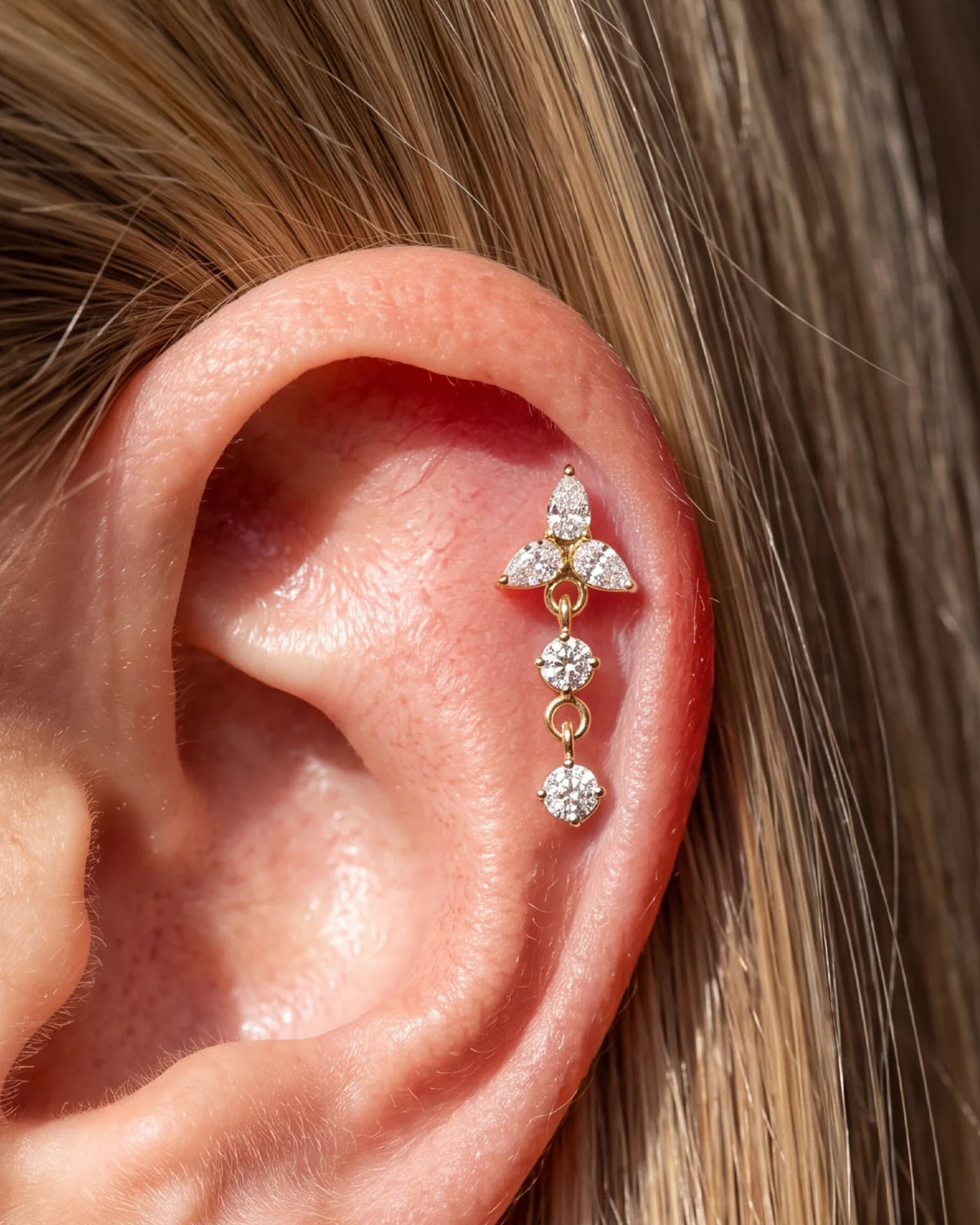 Petal Drop Flatback Stud in gold tone, upper helix styling