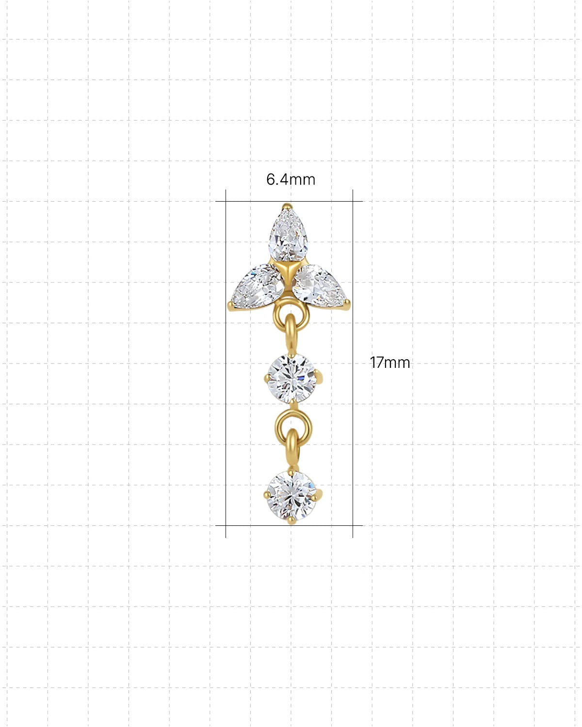 Petal Drop Flatback Stud in gold tone, size chart