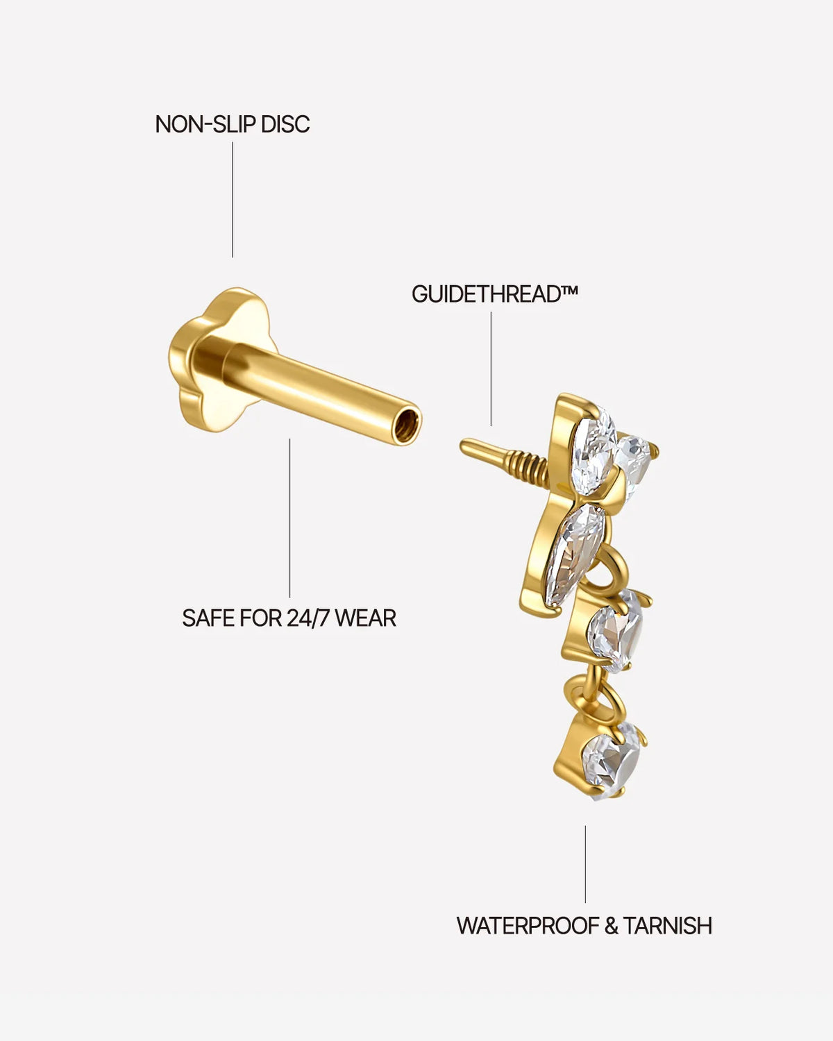 Petal Drop Flatback Stud in gold tone, threaded attachment details
