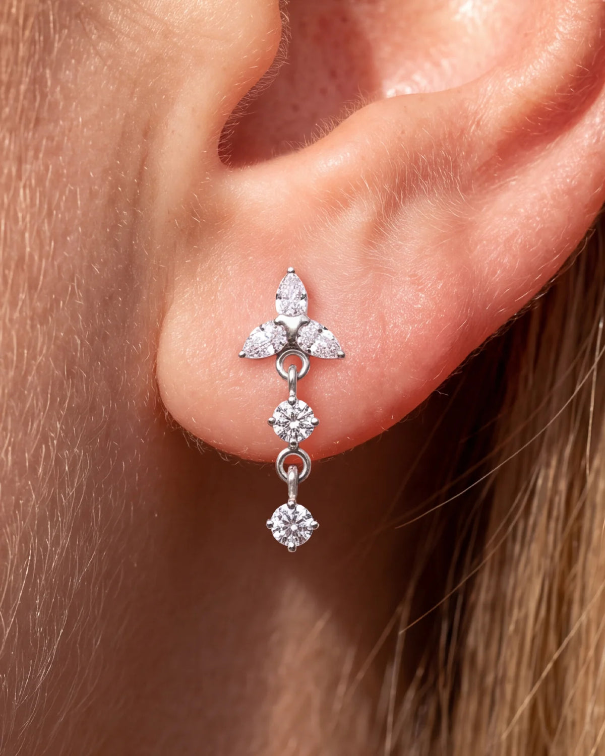 Petal Drop Flatback Stud in silver tone, lobe styling