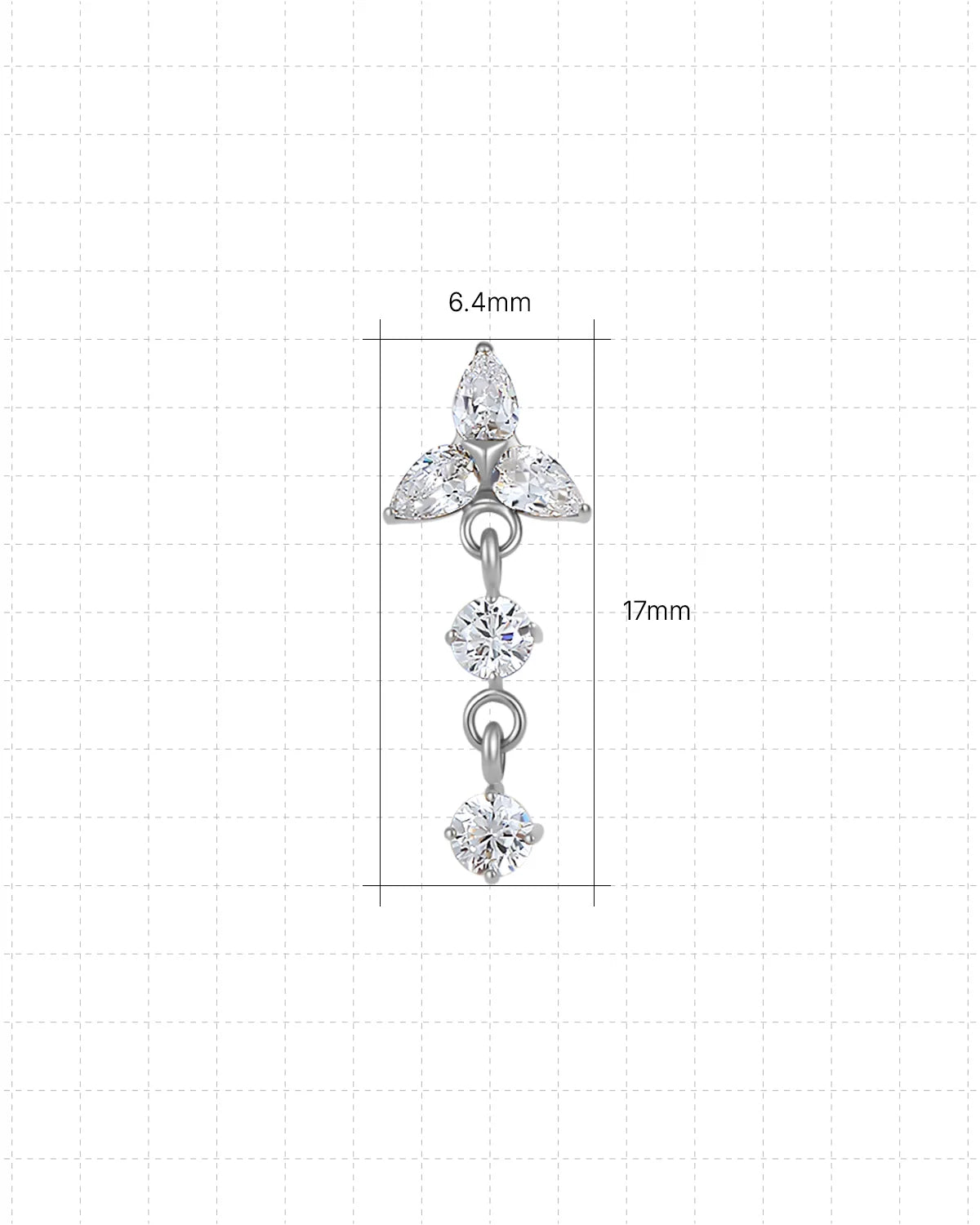 Petal Drop Flatback Stud in silver tone, size chart