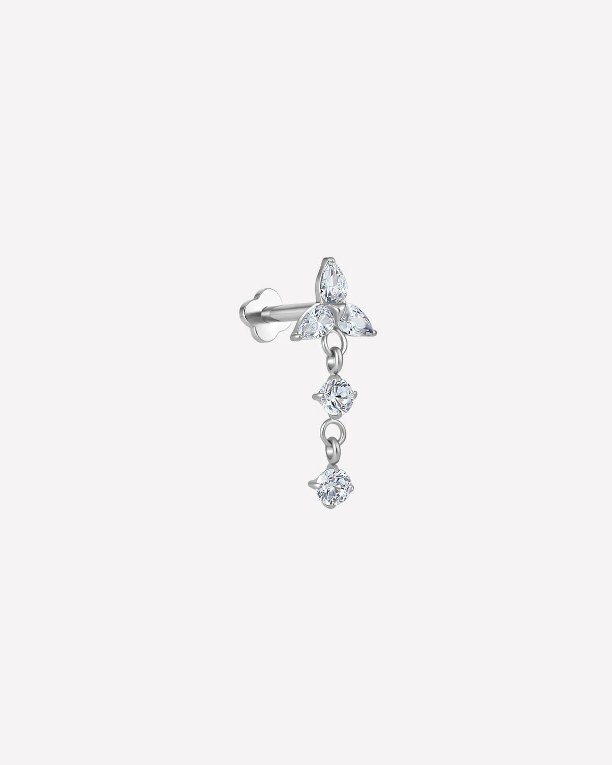 Petal Drop Flatback Stud in silver tone, side view
