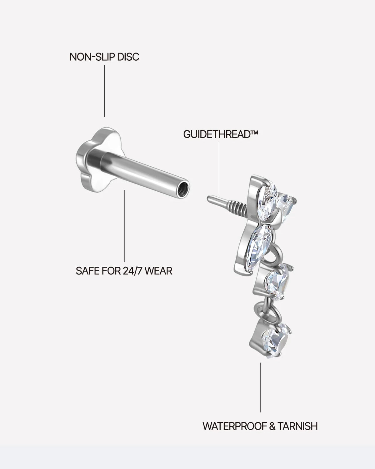 Petal Drop Flatback Stud in silver tone, threaded attachment details