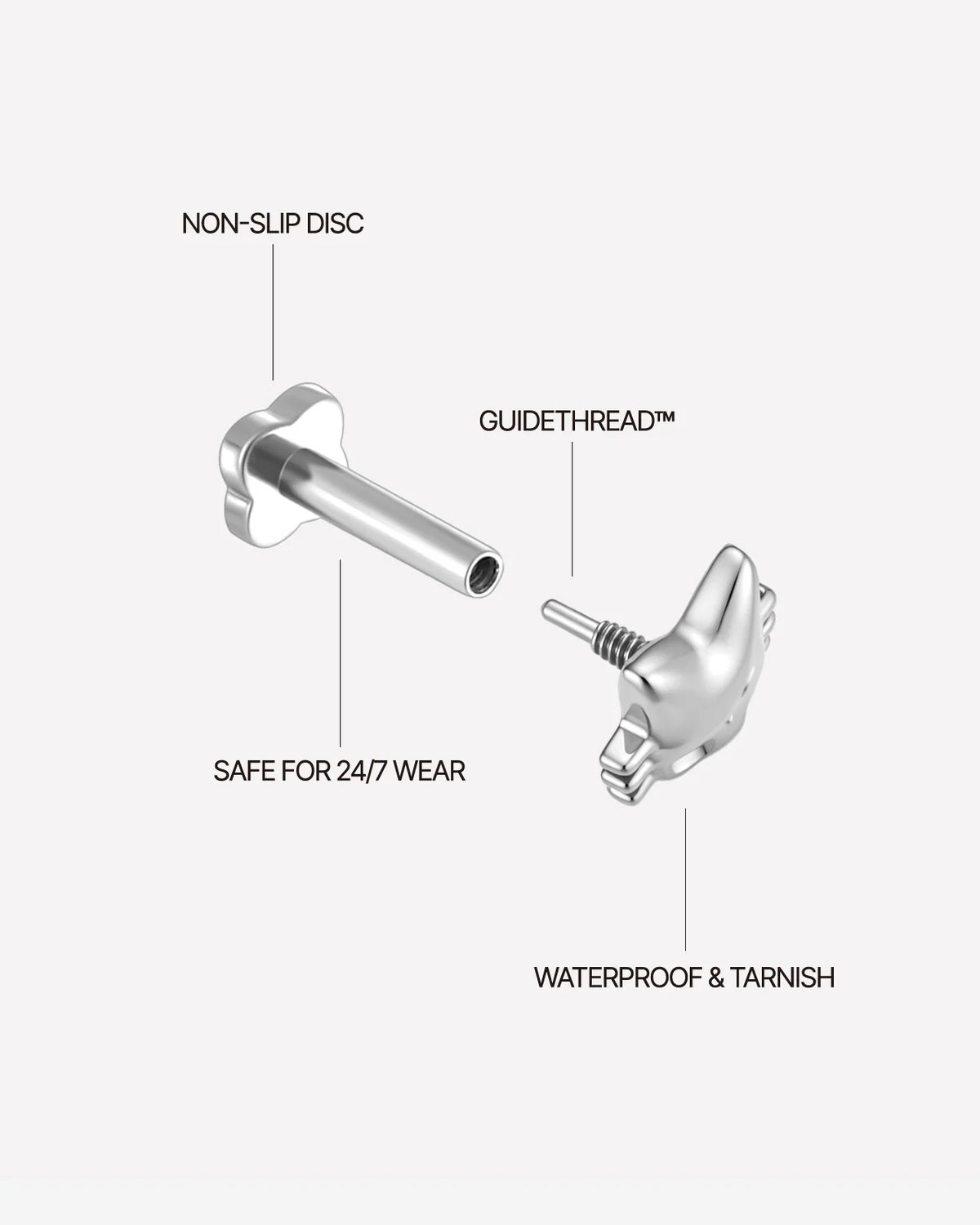 Phantom Cat Flatback Stud in silver tone, threaded attachment details