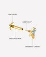 Radiant Wingcrest Flatback Stud, gold tone with light blue center stone, construction detail
