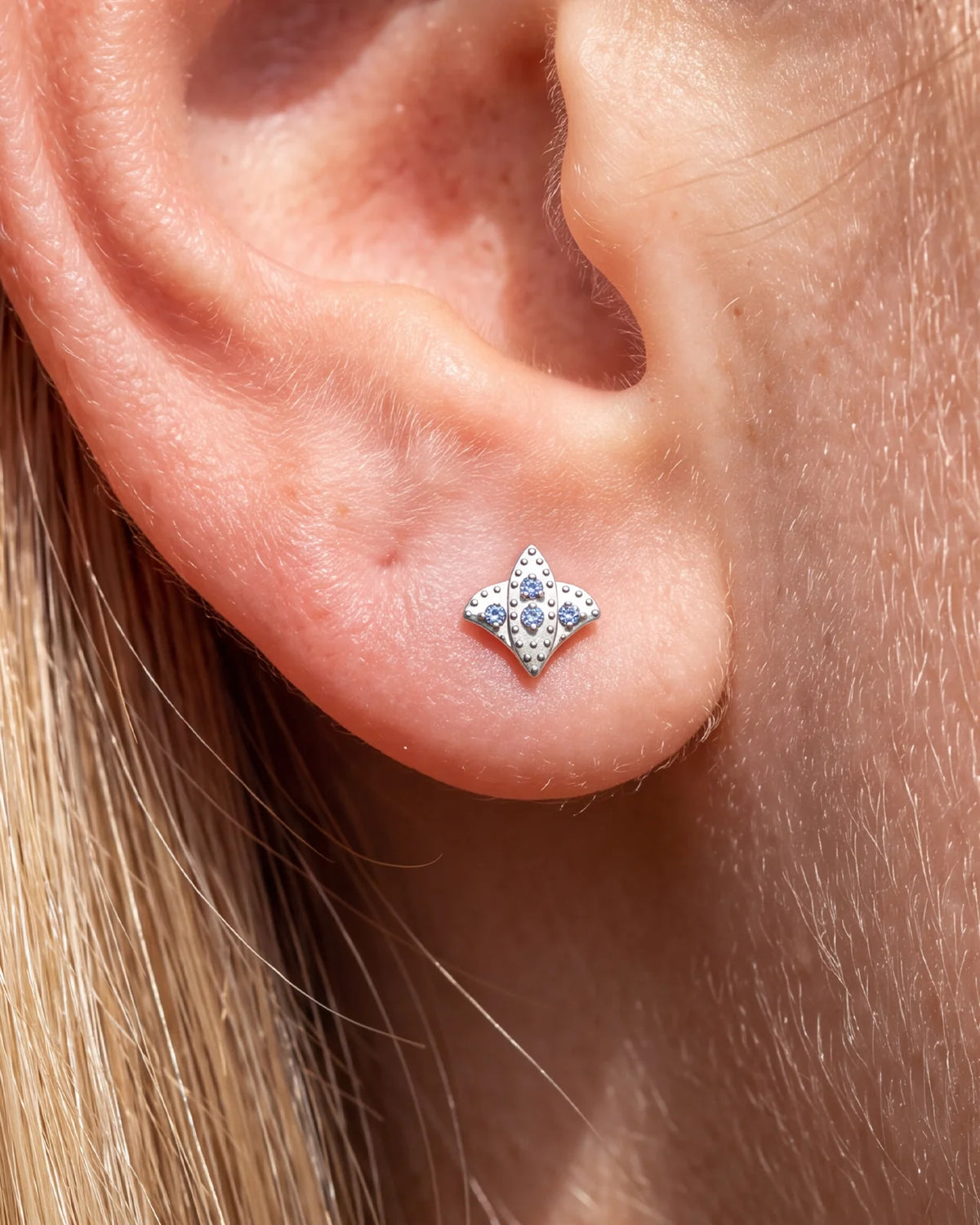 Royal Fleur Flatback Stud, silver tone with blue violet stones, ear styling detail