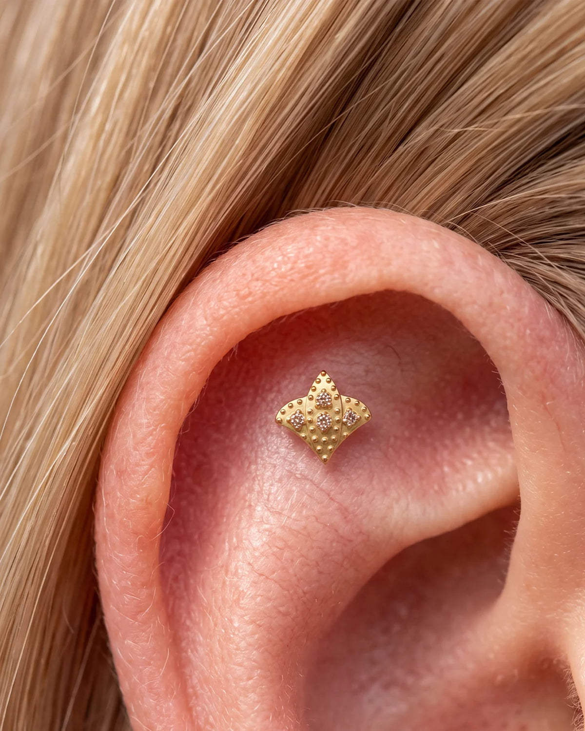 Royal Fleur Flatback Stud, gold tone with champagne stones, ear styling detail