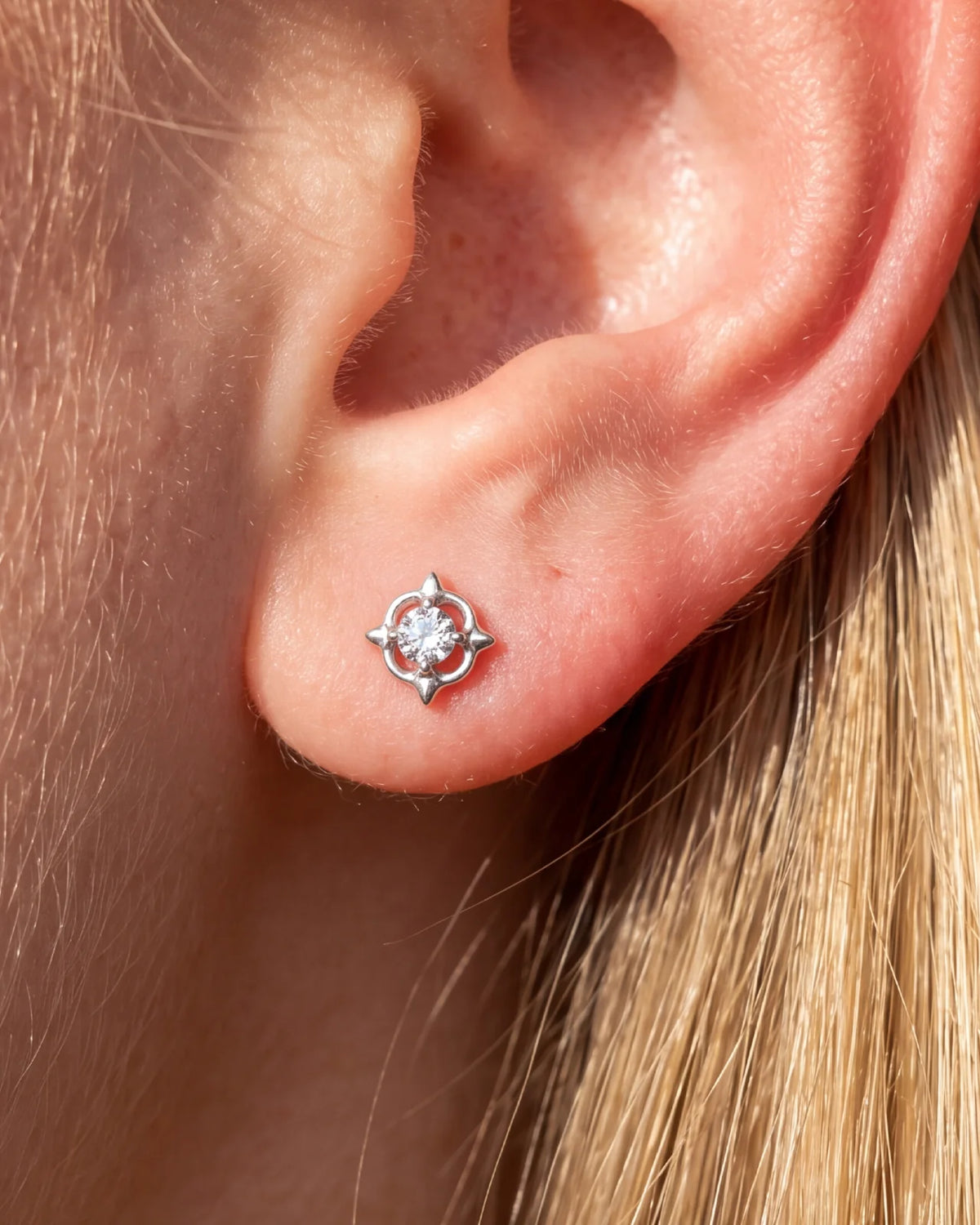 Star Halo Flatback Stud in silver tone, lobe styling