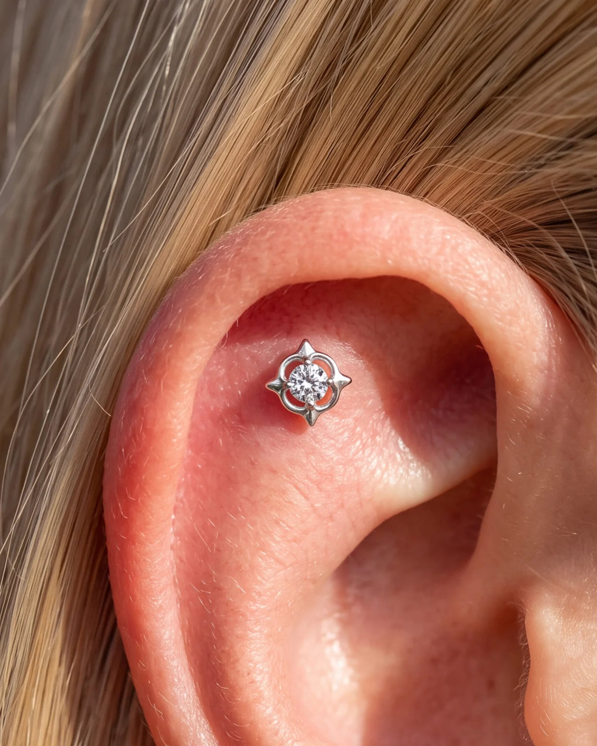 Star Halo Flatback Stud in silver tone, flat styling