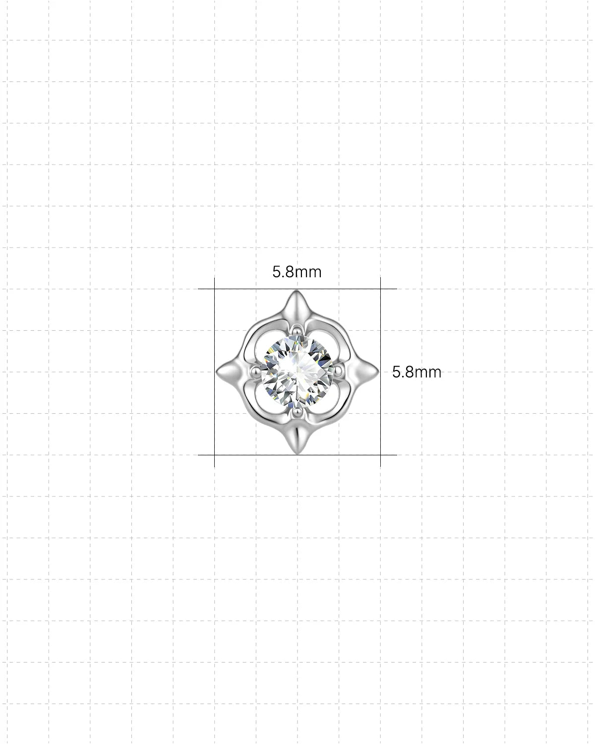 Star Halo Flatback Stud in silver tone, size chart