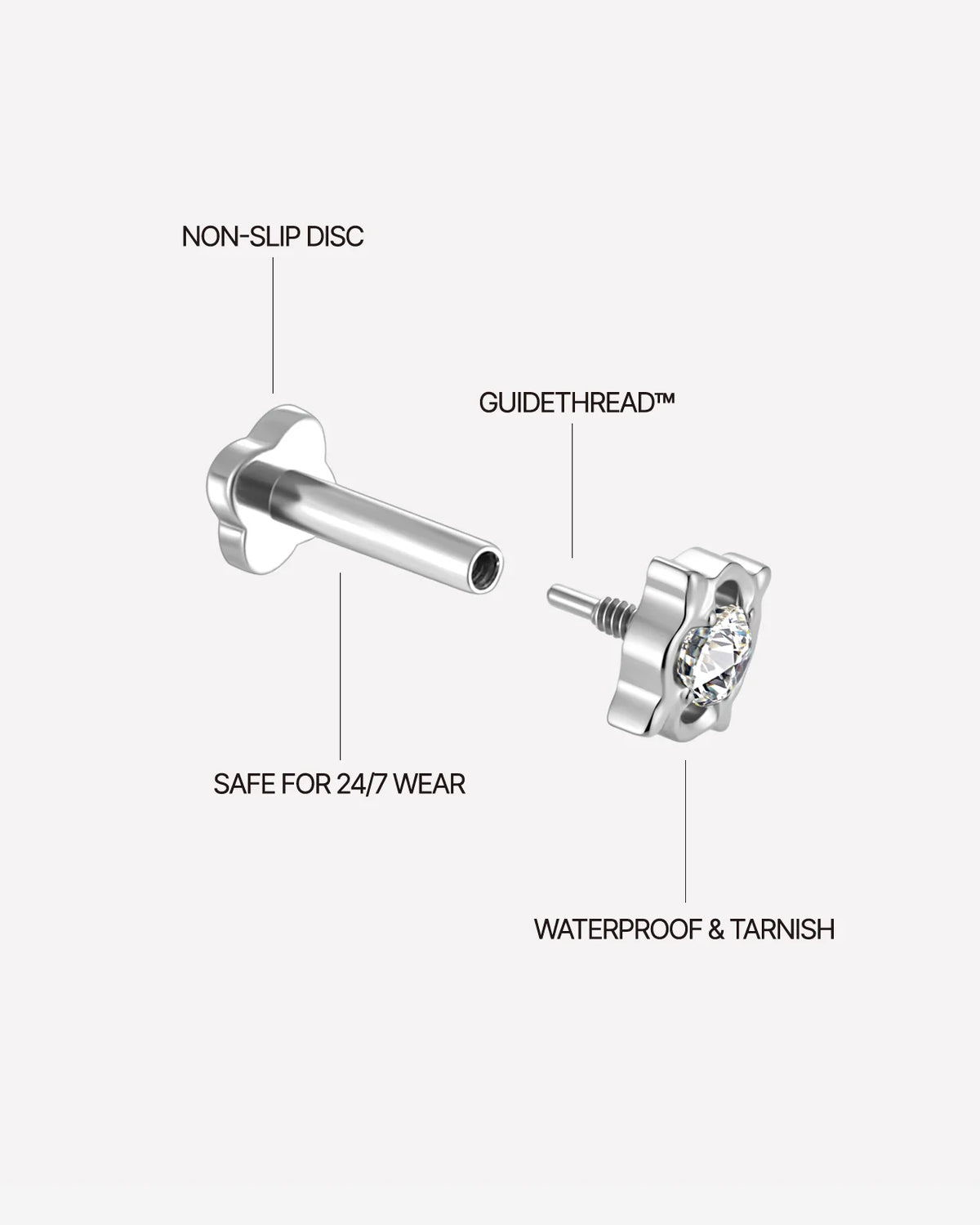 Star Halo Flatback Stud in silver tone, threaded attachment details