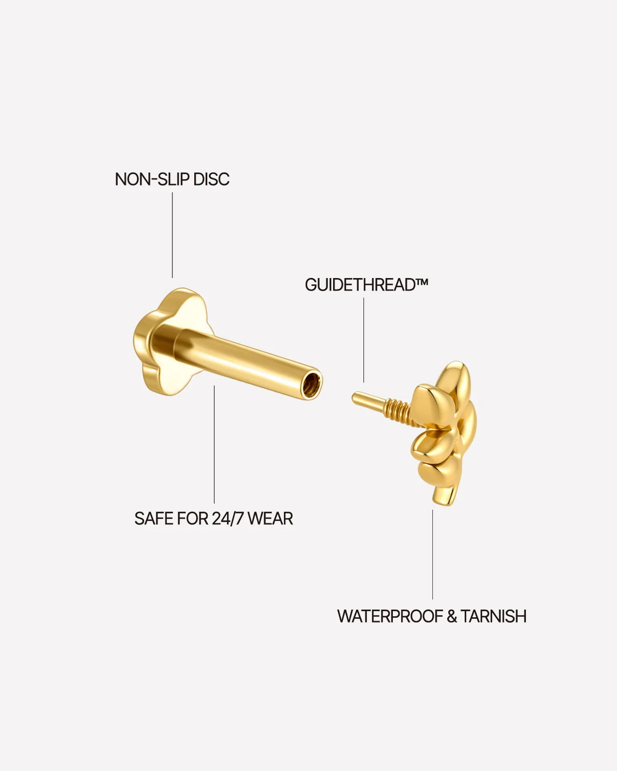 Wild Laurel Flatback Stud gold internally threaded construction