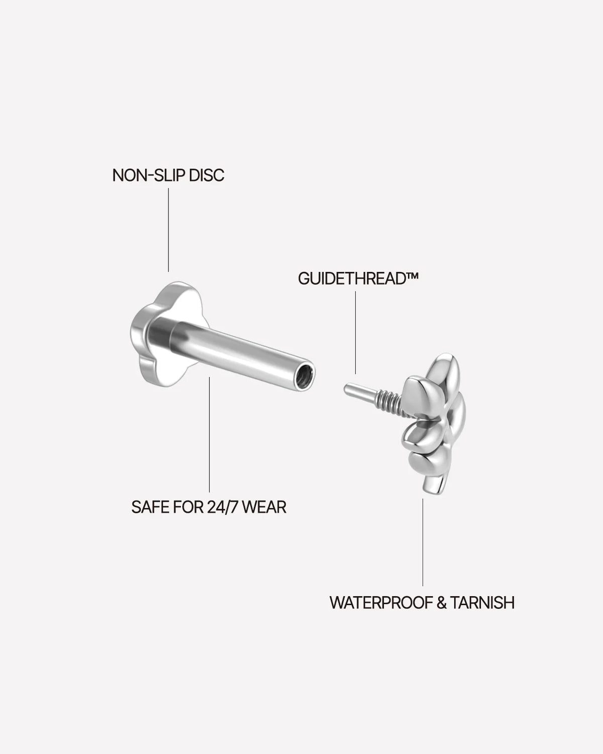 Wild Laurel Flatback Stud silver internally threaded construction